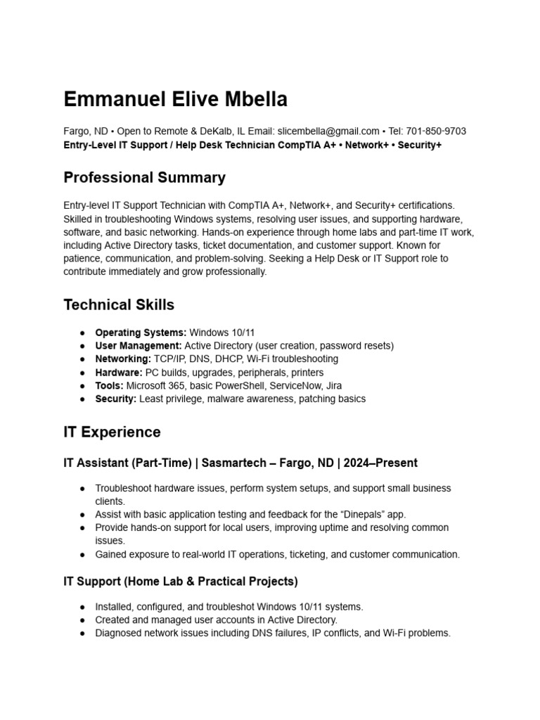 Resume Emmanuele Live m Bella | PDF | Computer Network | Active Directory