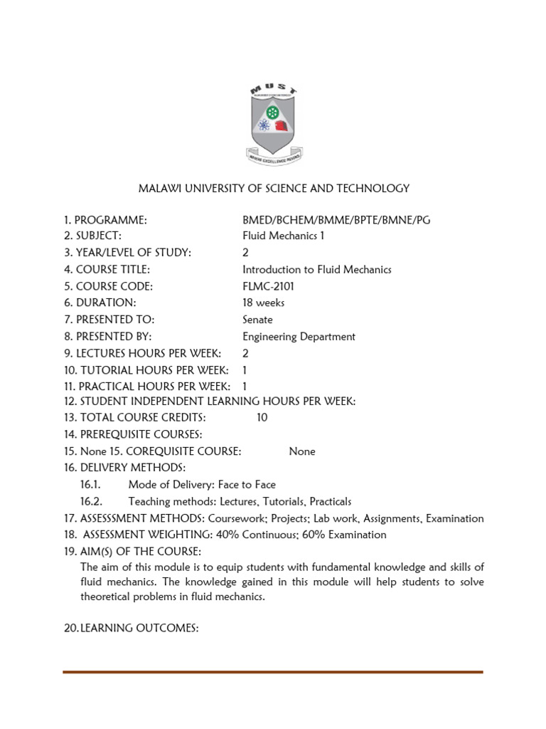 Fluid Mechanics 1 Course Outline 2026 | PDF | Fluid Dynamics | Fluid ...