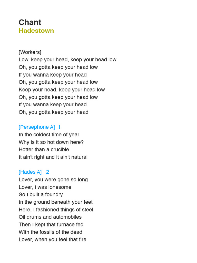HADESTOWN Chant 13 Partes | PDF | Orpheus | Greek Underworld