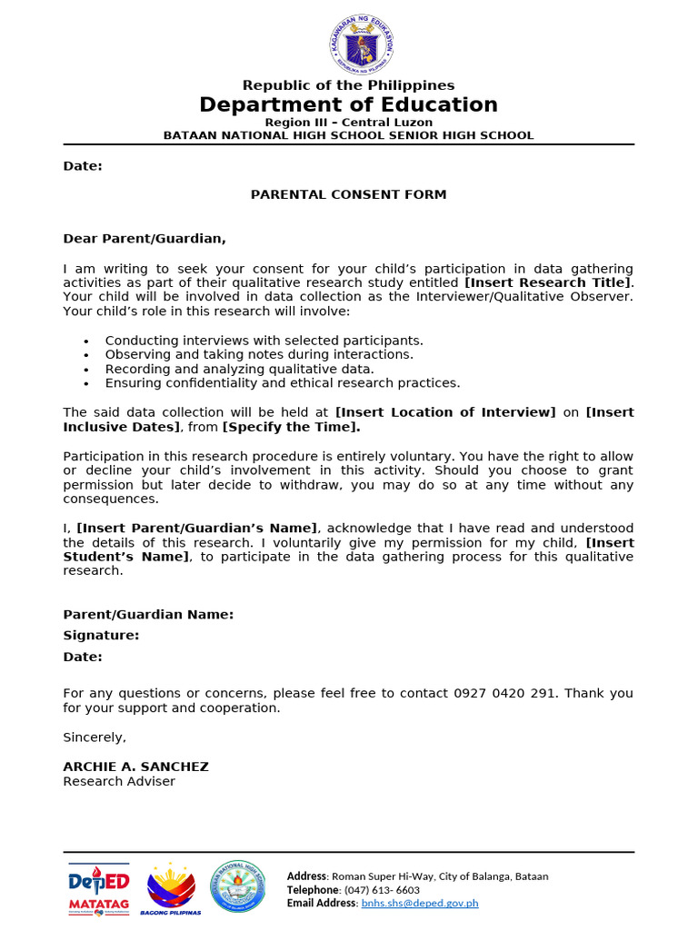 Parental Consent Form For Student Researcher | PDF