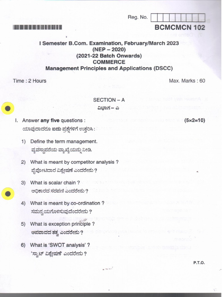 BCOM I Semester Management Principles and Applications NEP Feb 2023 | PDF