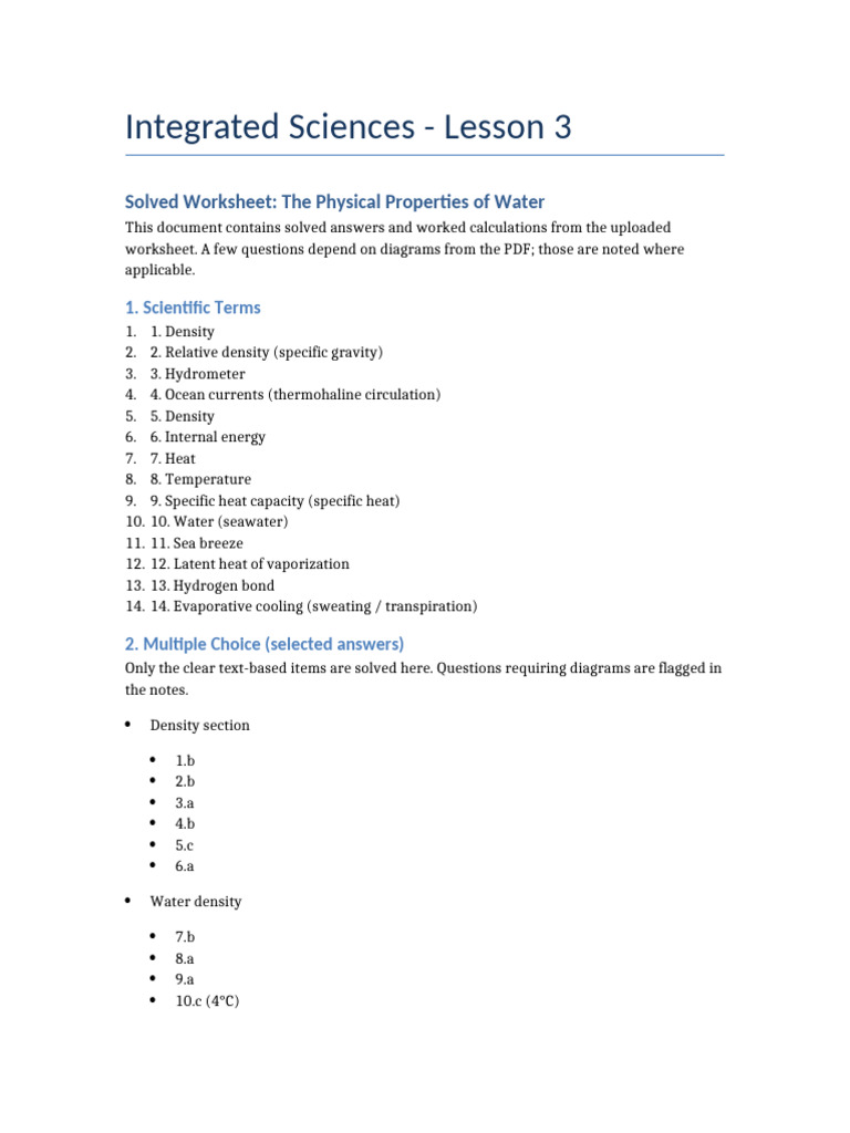 Integrated Sciences Lesson3 Solutions Complete (1) | PDF | Density | Water
