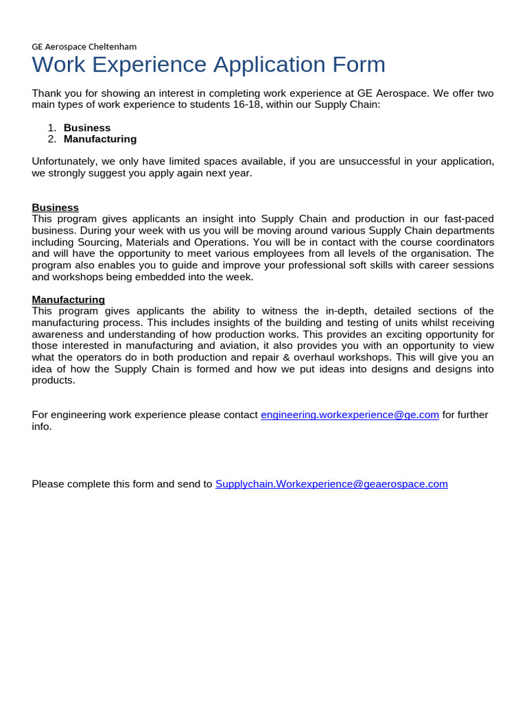 GE Aerospace 2026 Work Experience Application Form | PDF
