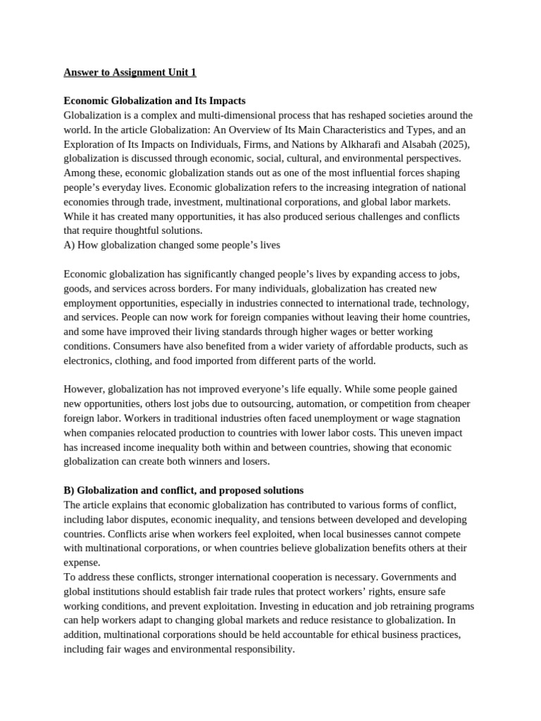 Answer To Assignment Unit 1general | PDF | Globalization | Economic ...