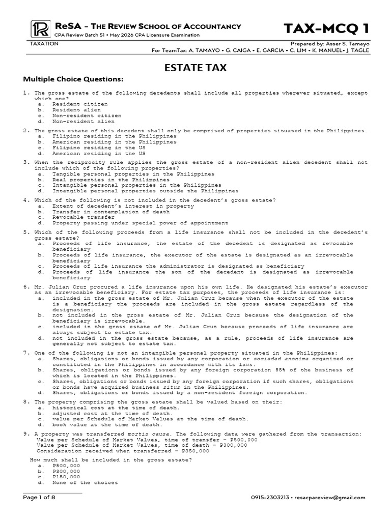 TAX Quiz 1 - Estate Tax (B51) | PDF | Estate Tax In The United States ...