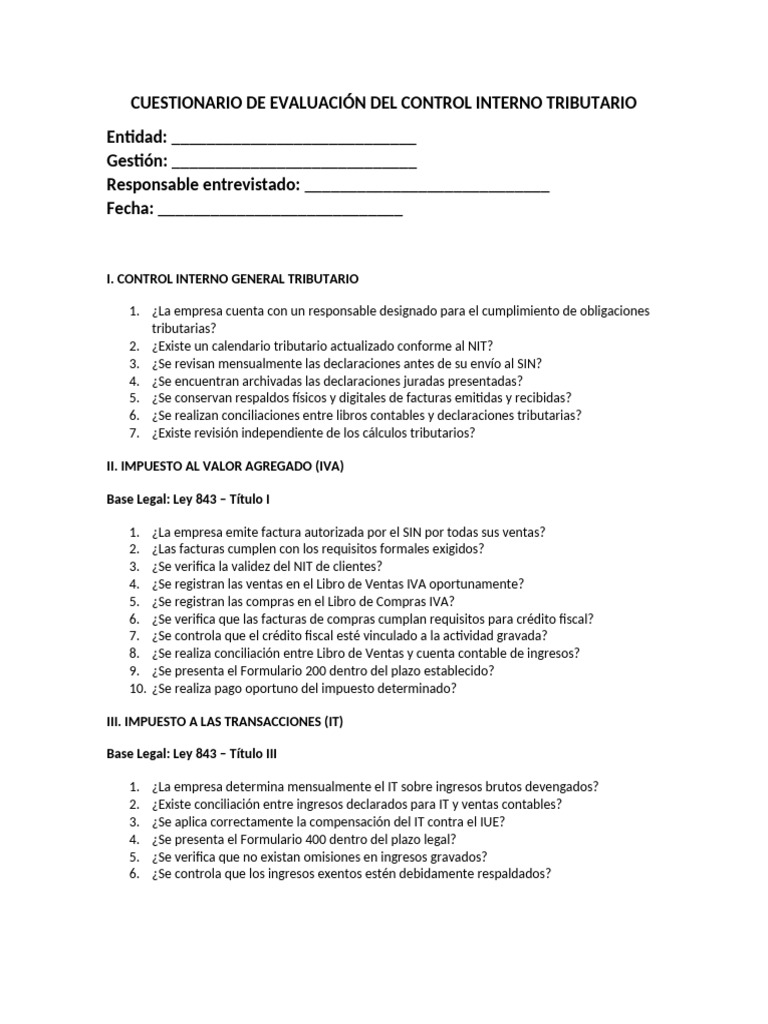 Cuestionario de Evaluación Del Control Interno Tributario | PDF ...