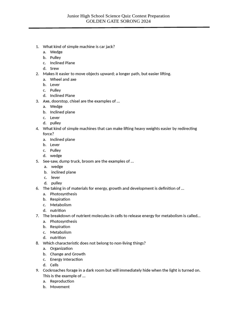 SCIENCE QUIZ CONTEST SIMULATION TEST-complete Questions | PDF ...