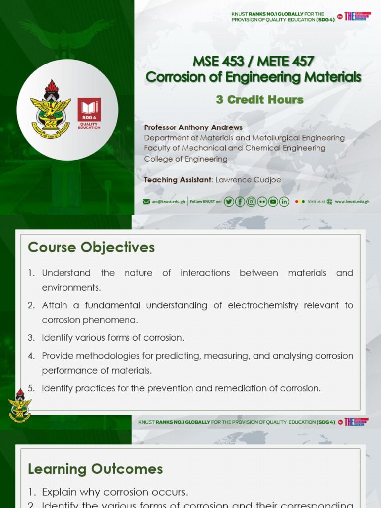 MSE 453 Lecture 1 Introduction | PDF | Corrosion | Electrochemistry