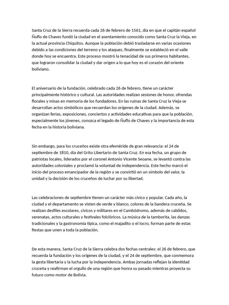 Santa Cruz de La Sierra Recuerda Cada 26 de Febrero de 1561 | PDF