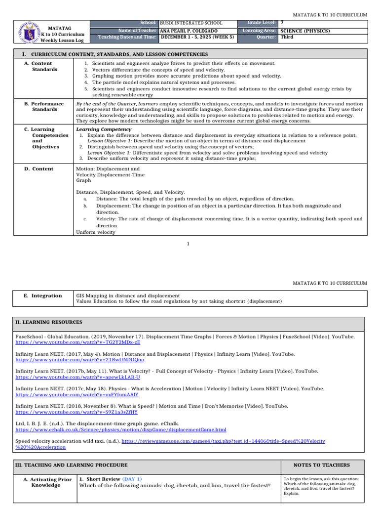 DLL Matatag - Science 7 Q3 W5 | PDF | Speed | Velocity