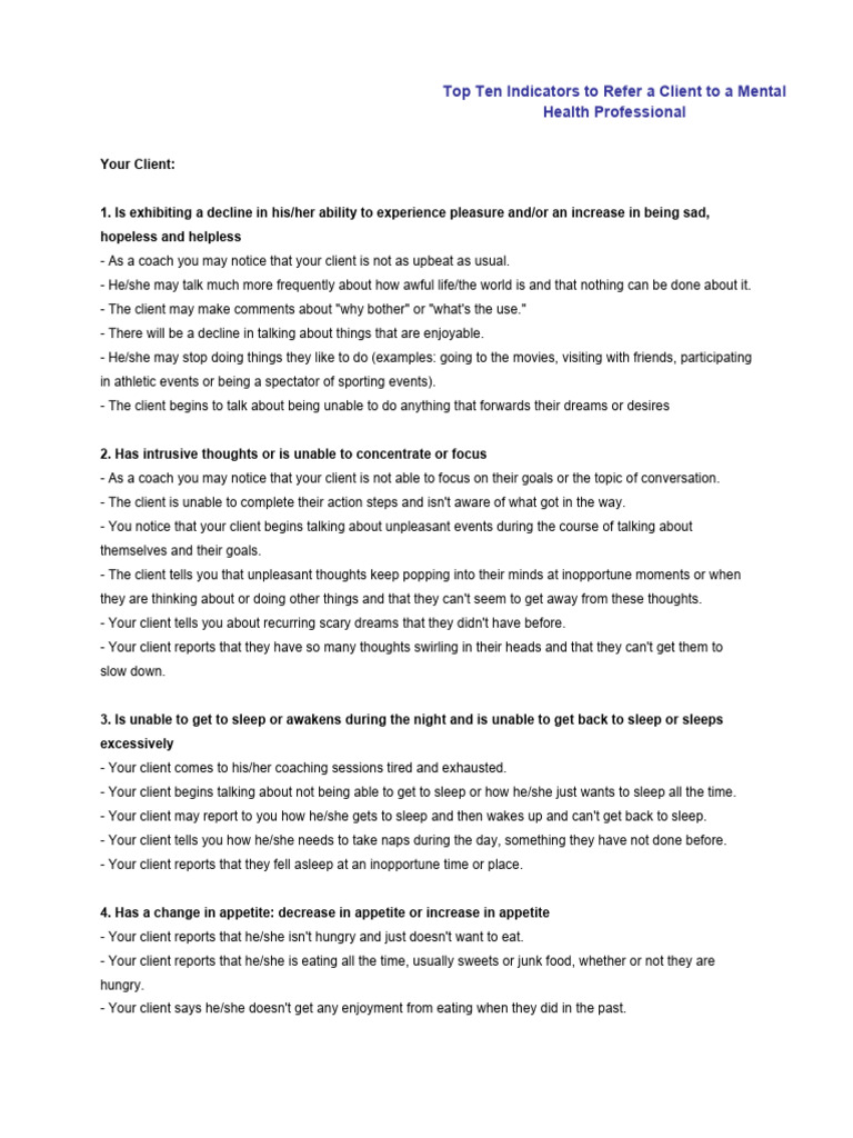 Top Ten Indicators to Refer a Client to a Mental Health Professional ...