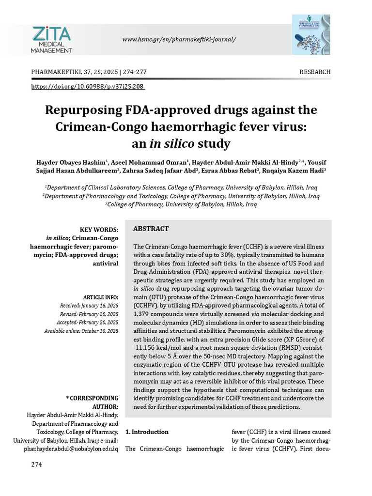 CCHF-Repurposing of FDA Approved Drugs | PDF | Docking (Molecular ...