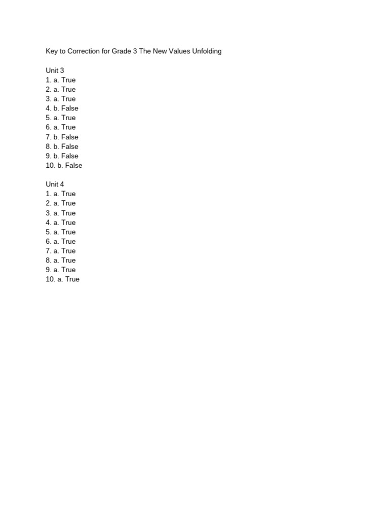 Key To Correction For Grade 3 The New Values Unfolding | PDF
