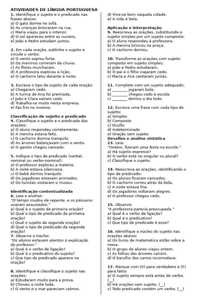 Atividades de Língua Portuguesa | PDF | Assunto (gramática) | Predicado ...