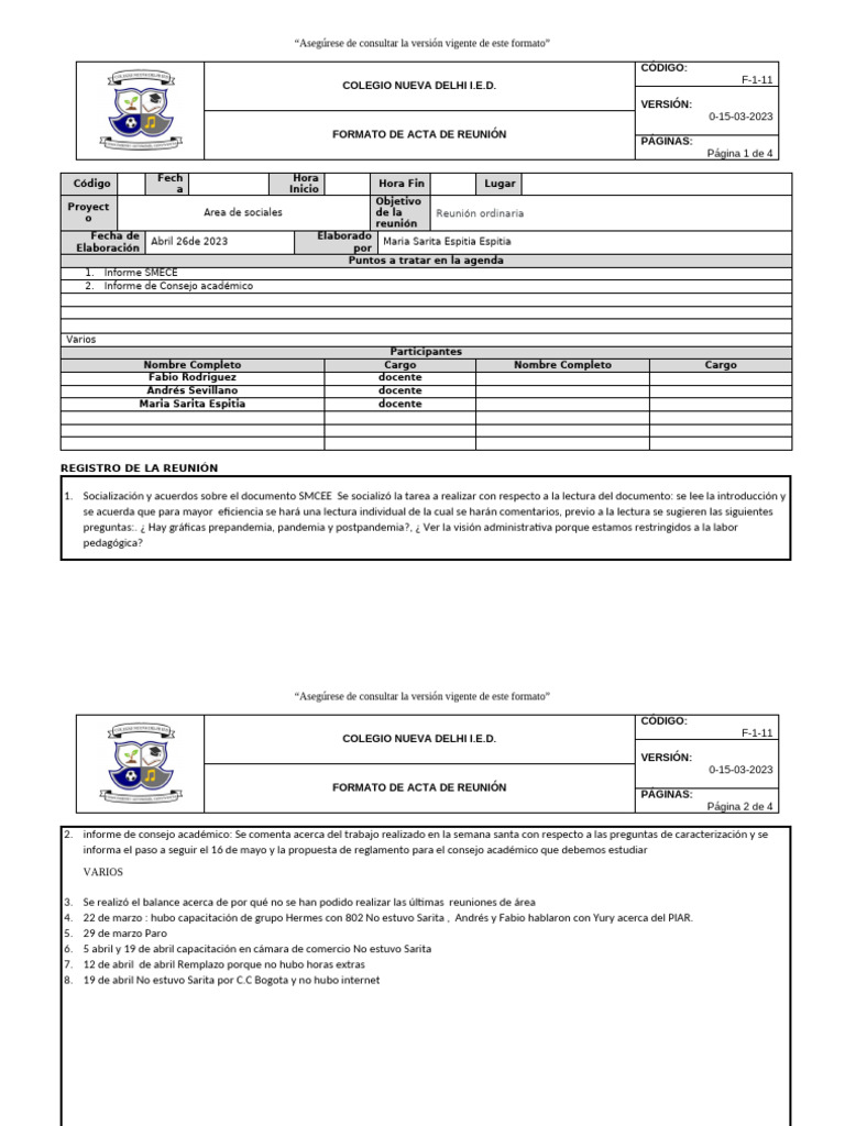F-1-11 FORMATO DE ACTA DE REUNIÓN 26 de Abril | PDF