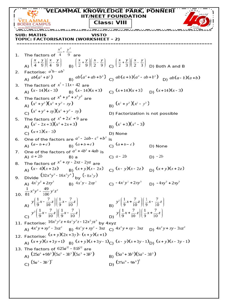 8th Visto (Factorisation) Worksheet - 2 | PDF | Factorization | Chess ...