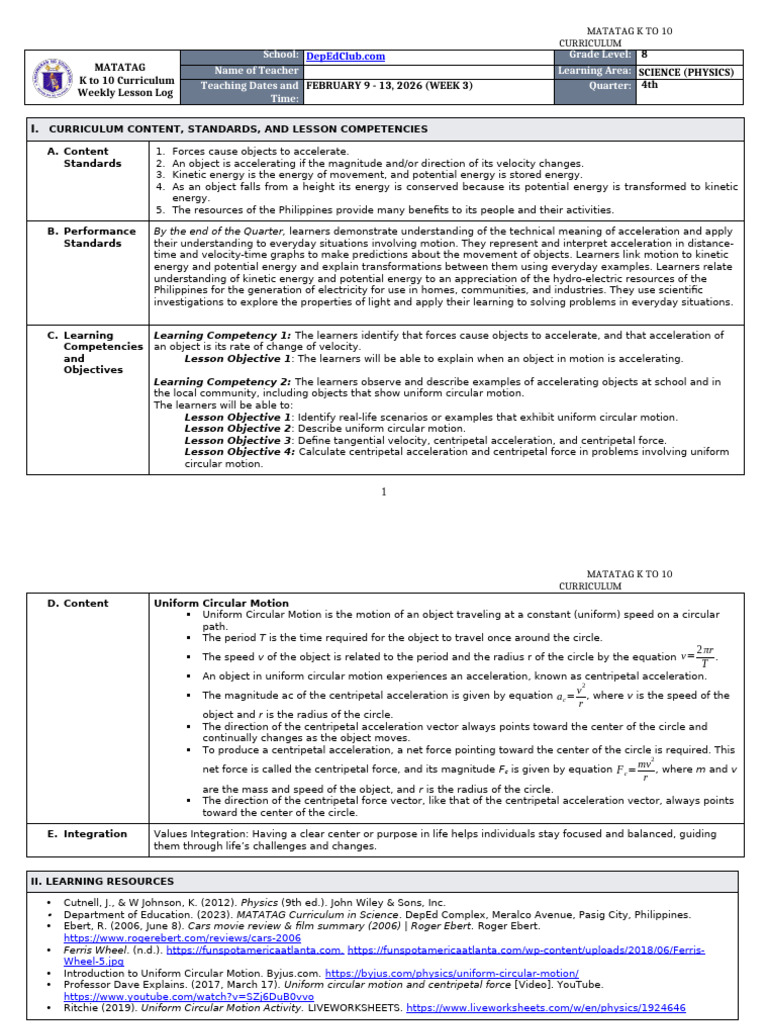DTC - DLL Matatag - Science 8 Q4 W3 | PDF | Acceleration | Force