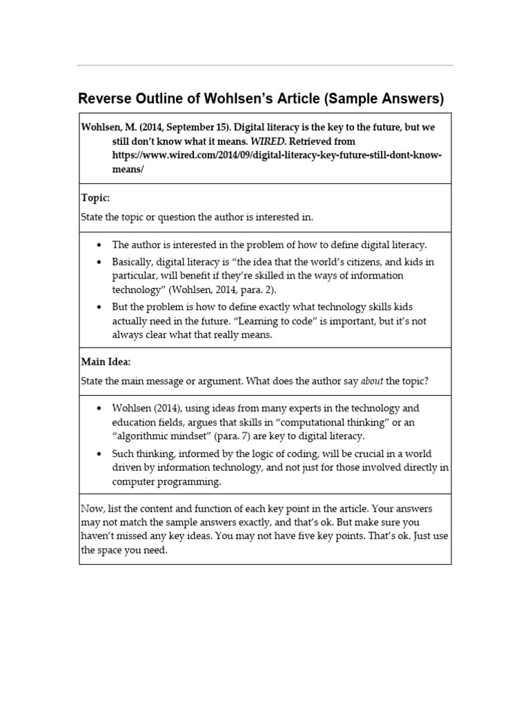 ENGL1101 Reverse Outline of Wohlsens Article Sample Answers | PDF ...
