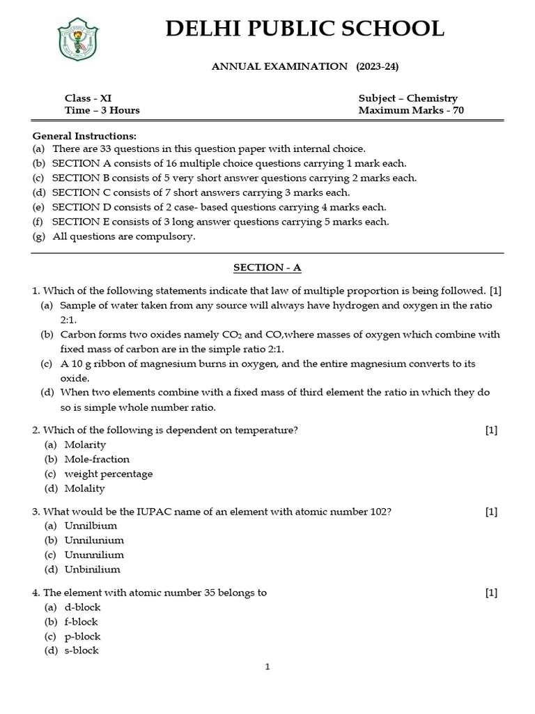 CLASS XI Annual Exam Chemistry | PDF | Chemical Elements | Physical ...