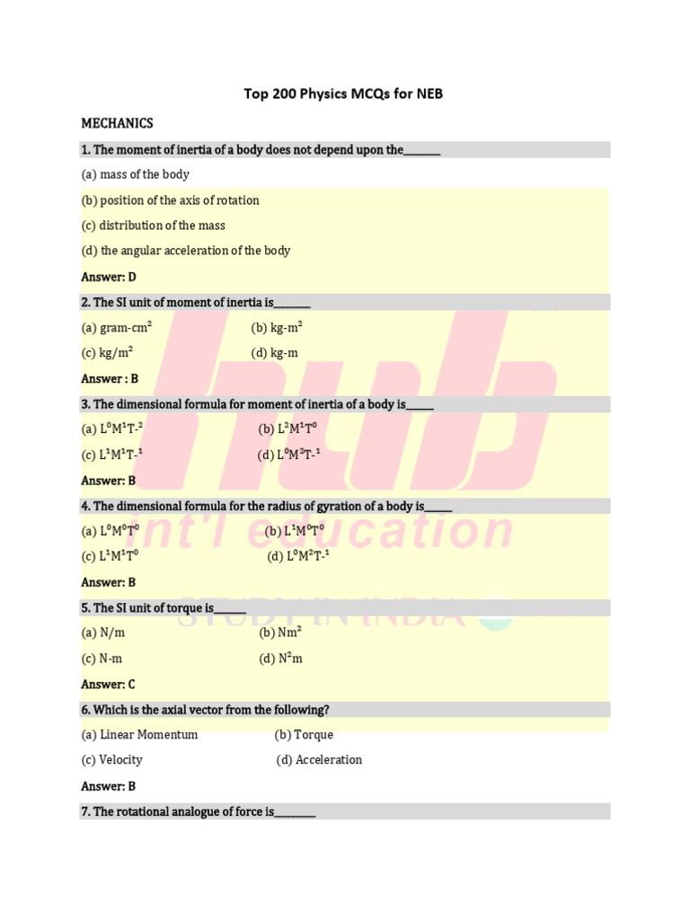 Physics Top 200 MCQS (1) (2) | PDF | Rotation Around A Fixed Axis | Torque