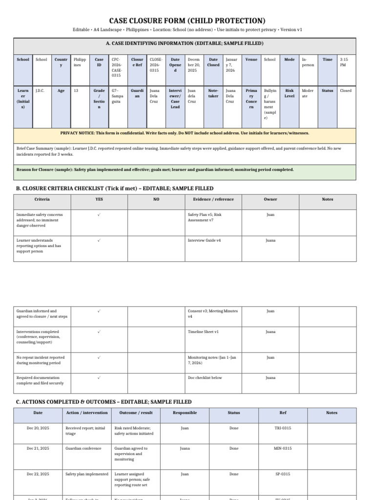 Child Protection Case Closure Form A4 Landscape v1 | PDF