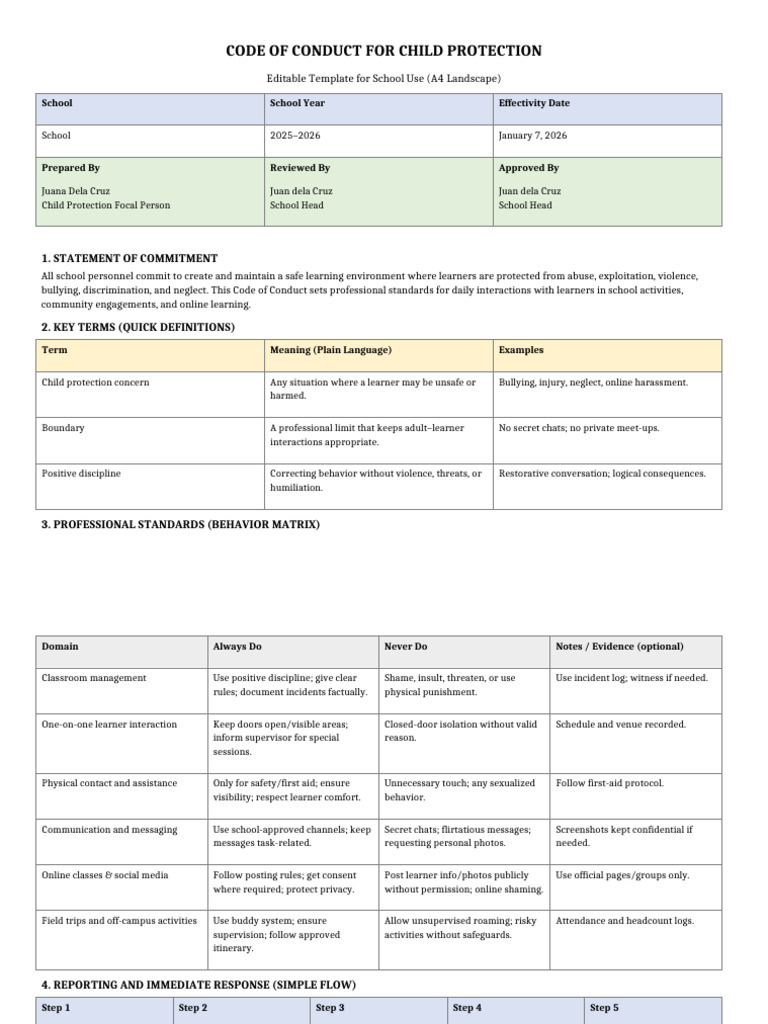 Child Protection Code of Conduct Template A4 Landscape v3 | PDF ...