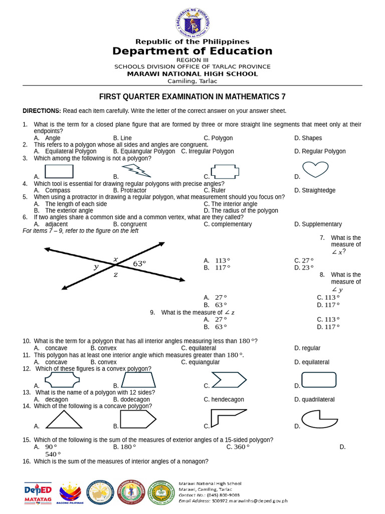 First Quarter Examination in Mathematics 7 | PDF | Angle | Ratio