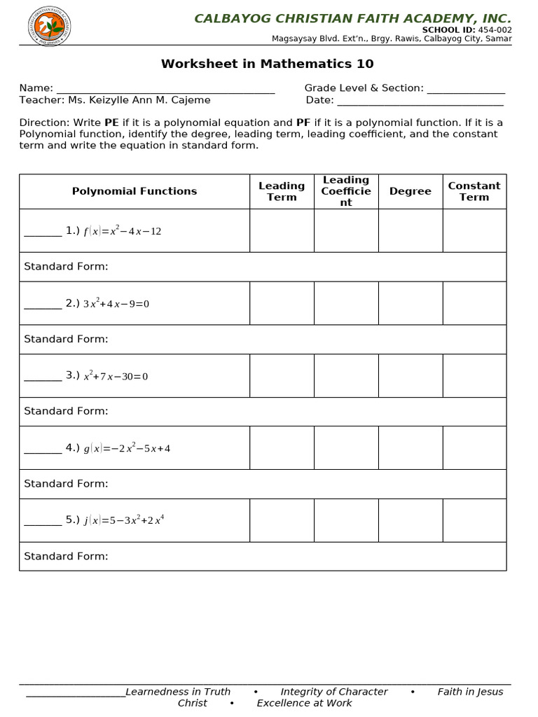 WS MATH10 5 Polyfunc | PDF