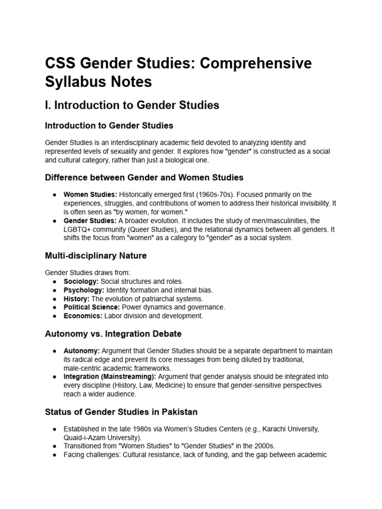 CSS Gender Studies Comprehensive Notes | PDF | Feminism | Gender Studies