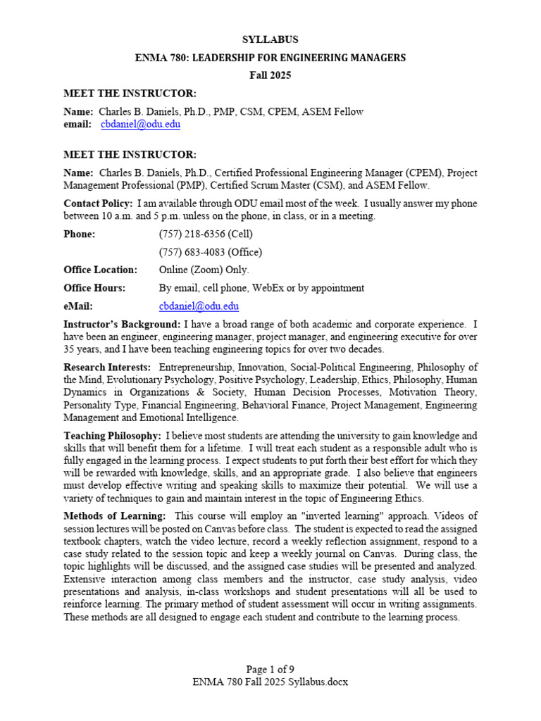 ENMA 780 Fall 2025 Syllabus | PDF | Leadership | Knowledge