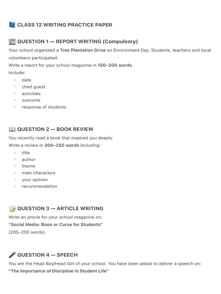 ? Class 12 Writing Practice Paper | PDF