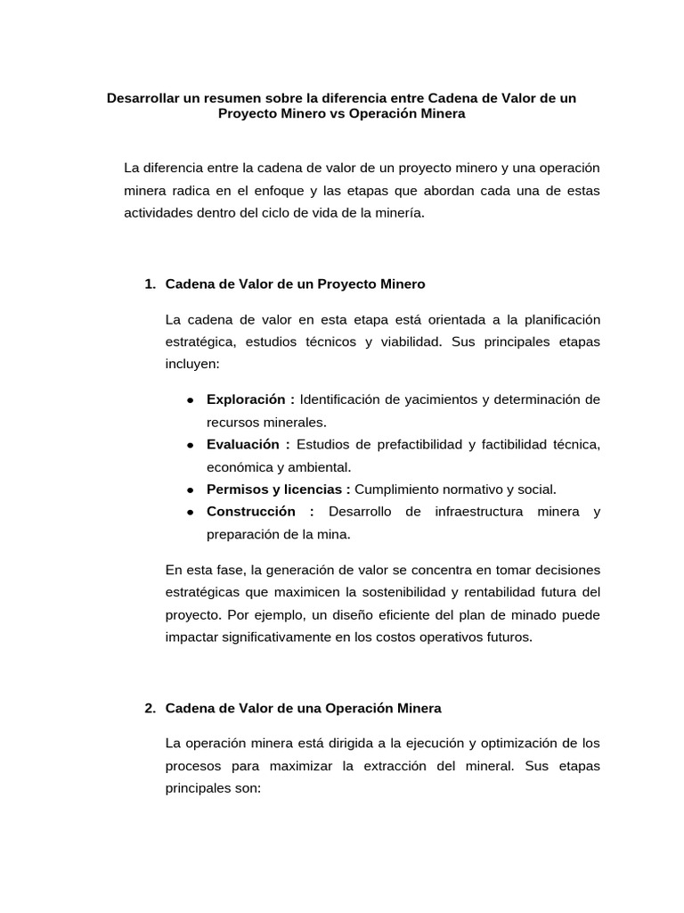 Cadena de Valor de Un Proyecto Minero Vs Operación Minera | PDF ...