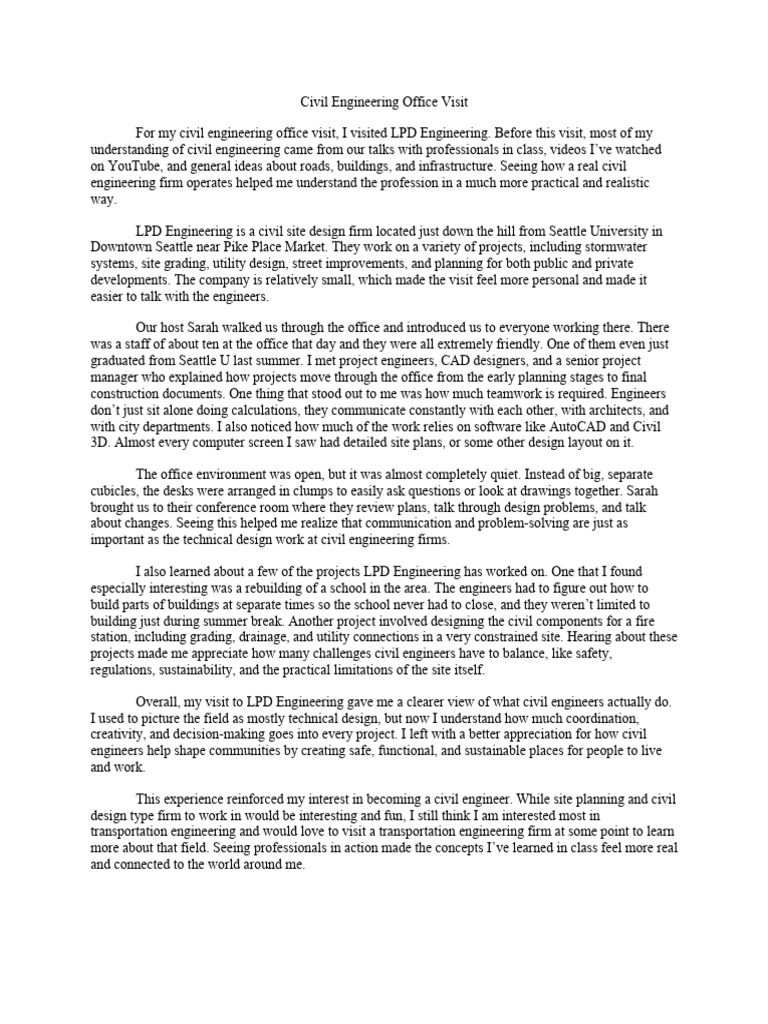 Civil Engineering Office Visit Reflection | PDF