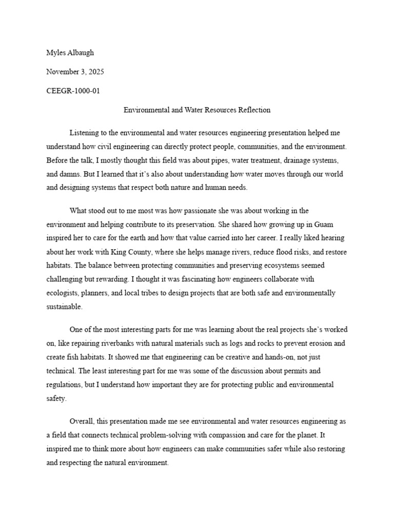 Environmental and Water Resources Reflection | PDF
