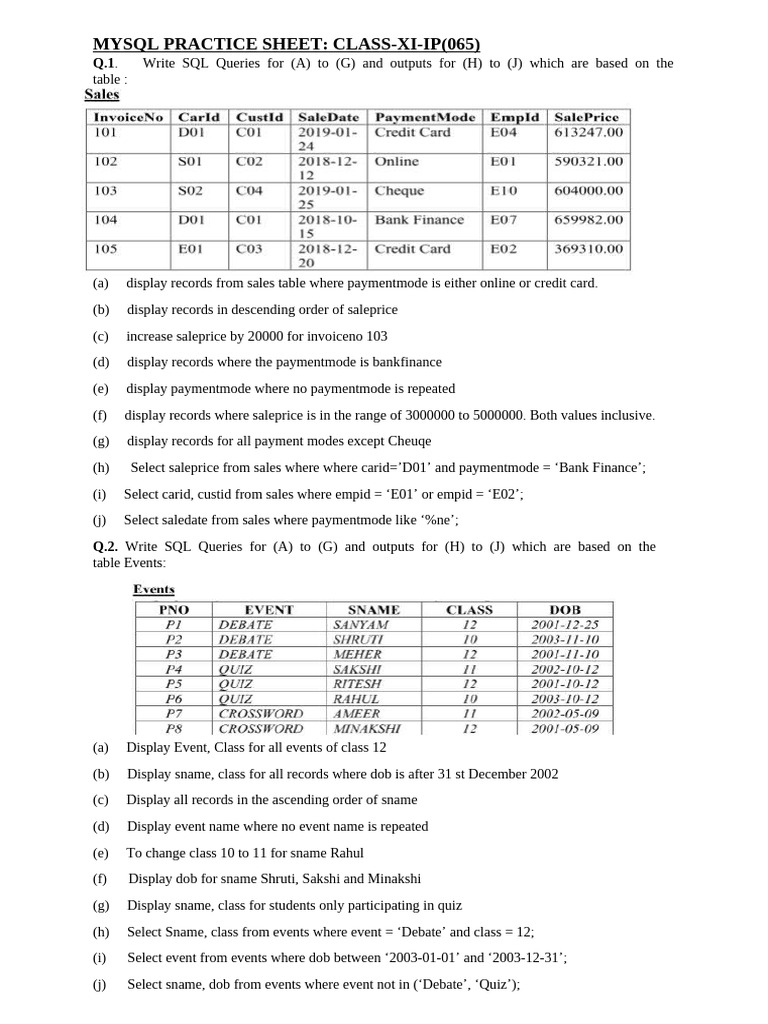 Mysql Practice Sheet Class-Xi | PDF