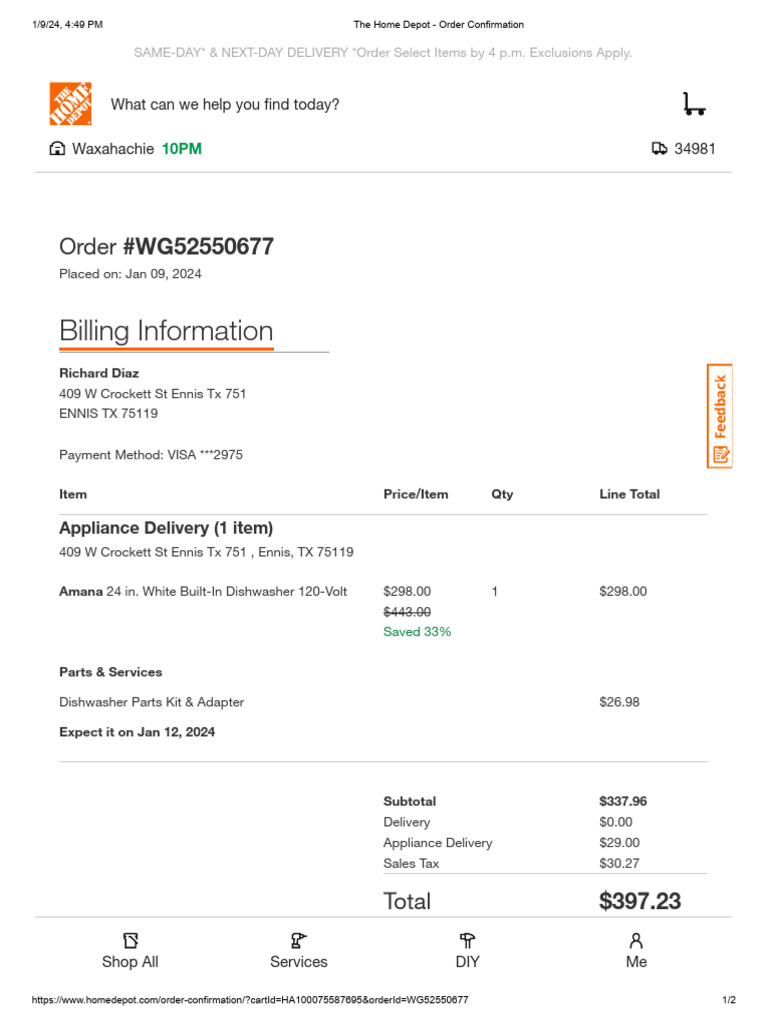 The Home Depot - Order Confirmation | PDF | Payments | Marketing