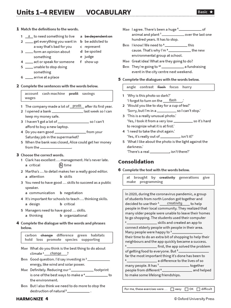 Harmonize 4 TRM Review 1-4 Vocab Grammar Worksheets | PDF | Linguistics