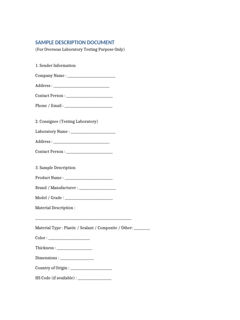 Sample Description Document Overseas Testing | PDF