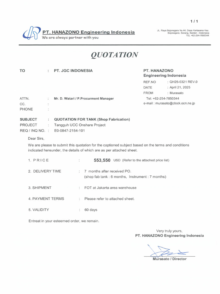 Quotation For Site Tank (Shop Fab Only) | PDF