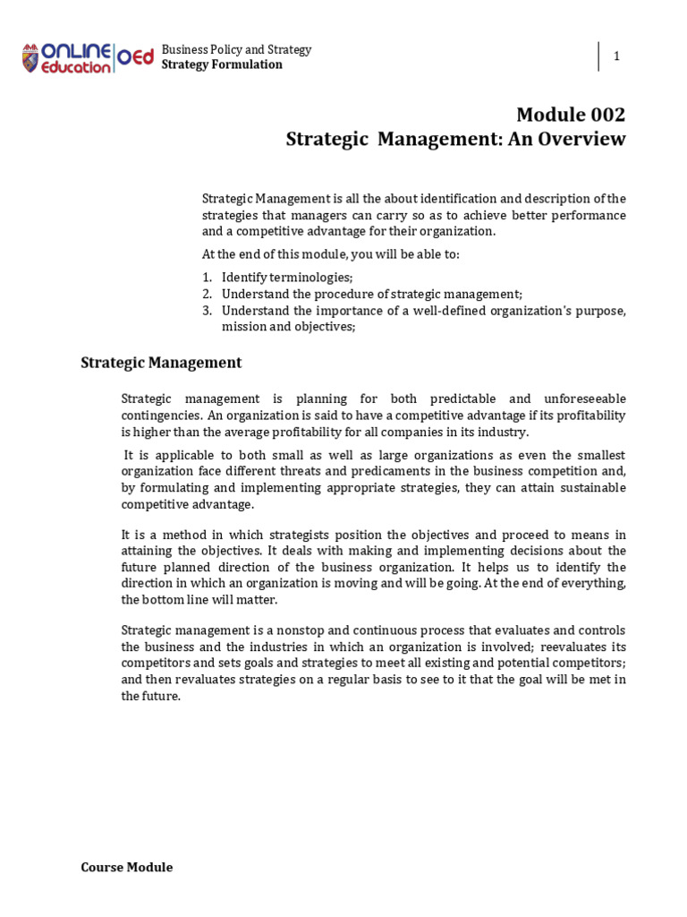 Week 2 - Strategic Management - An Overview | PDF | Strategic ...
