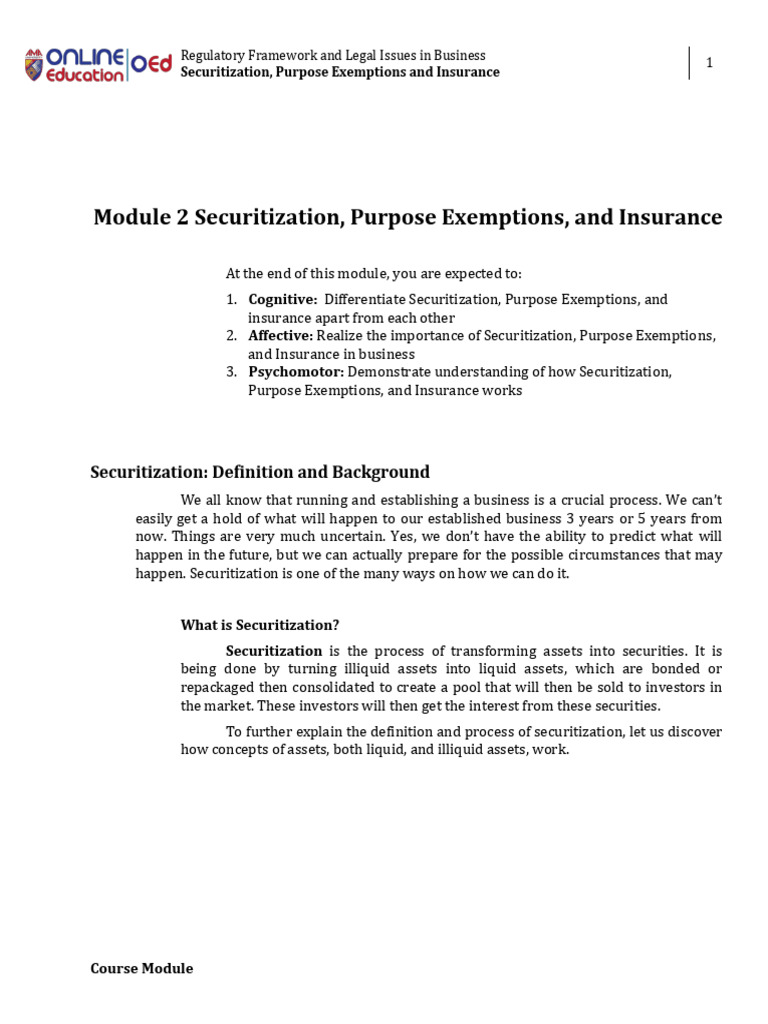 Week 02 - Module 02 - Securitization, Purpose Exemptions and Insurance ...