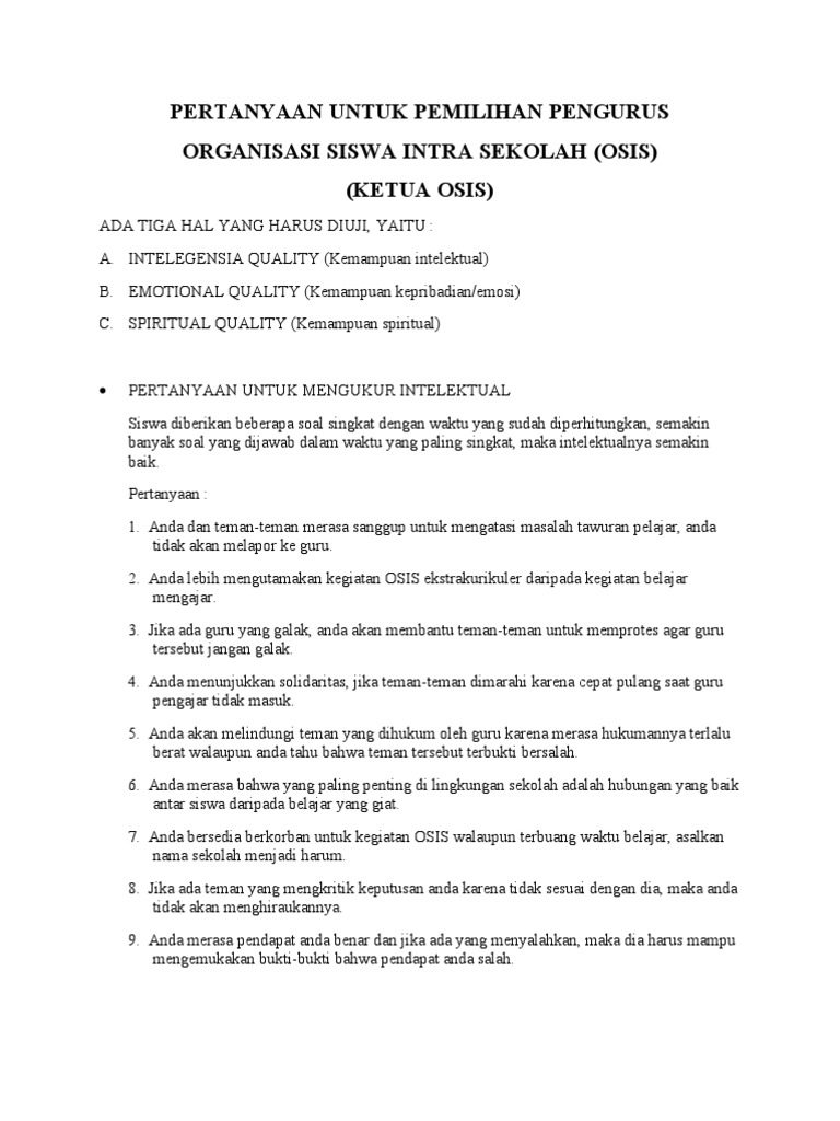 Pertanyaan Untuk Pemilihan Pengurus Osis