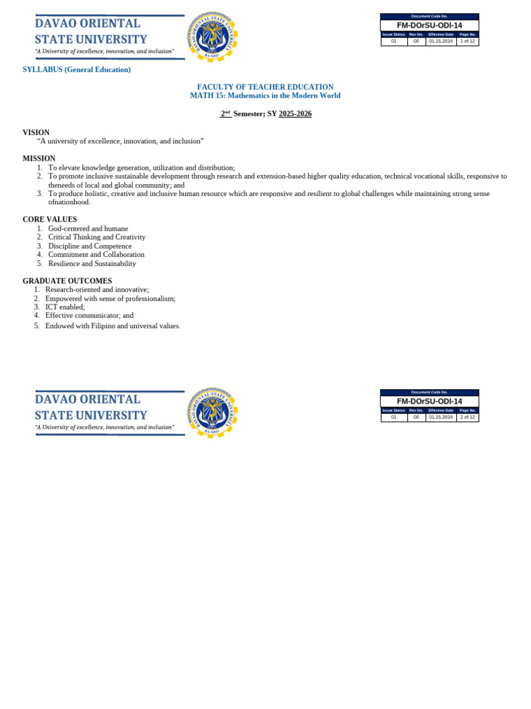 Math 15 Syllabus 2025 2026 | PDF | Statistics | Mathematics