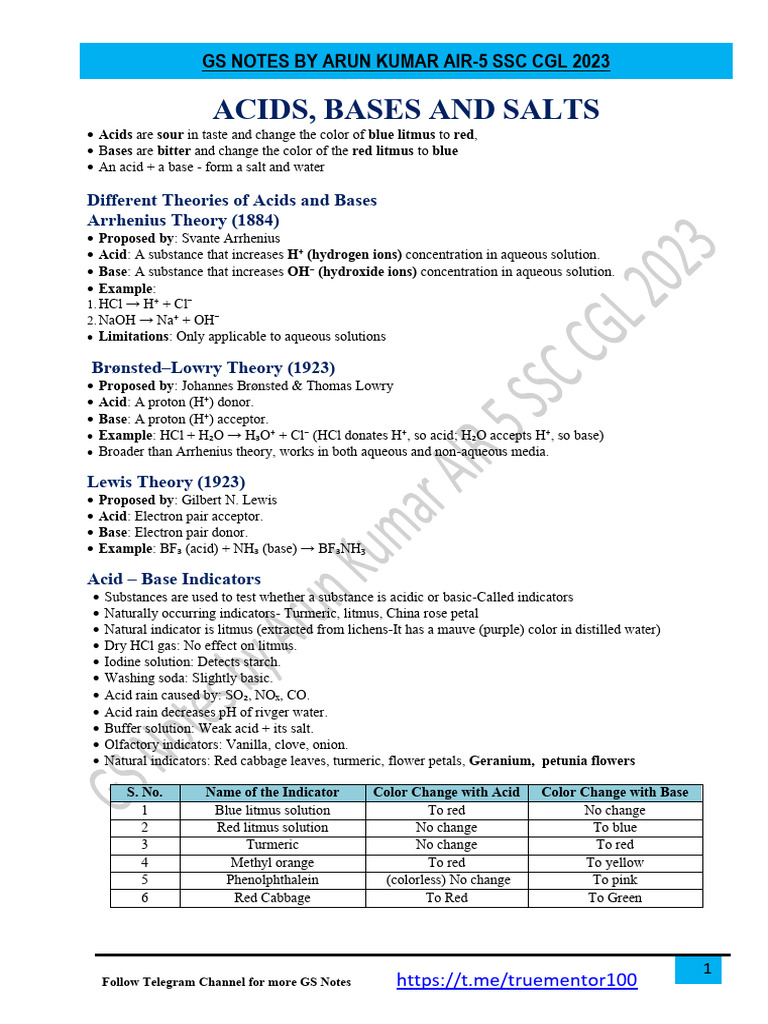 Acid, Base and Salt Notes | PDF