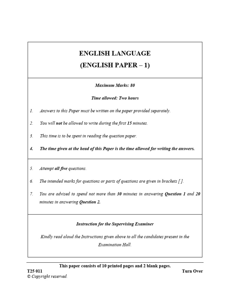 Icse 2025 - 011 Eng1 - QP | PDF