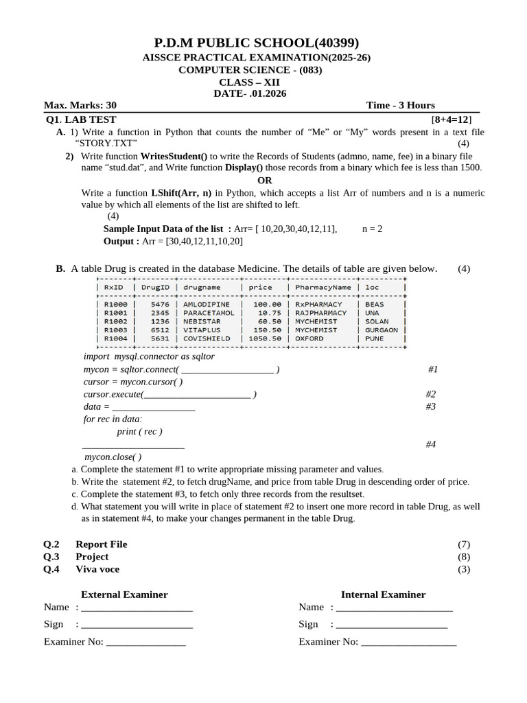 AISSCE Computer Science PRACTICALS QP 3 | PDF | Computer Programming ...