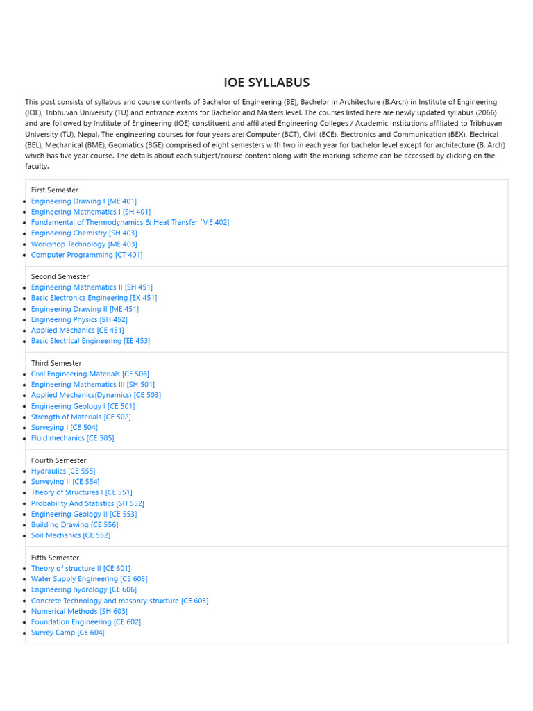 Syllabus of Civil Engineering (BCE) of IOE - Engineering Old | PDF ...