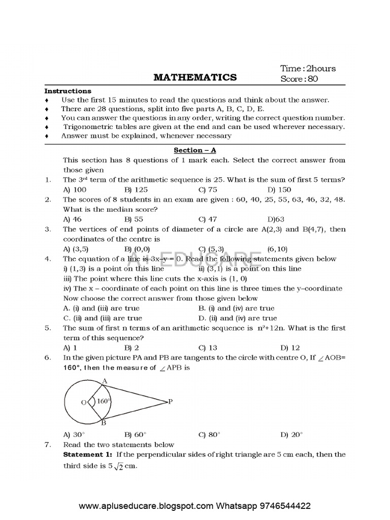 A+ Blog Sslc Model Exam Mathematics Question Paper Set 4[Em] | PDF