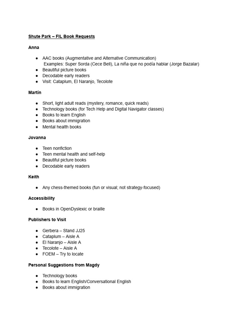 Shute Park - FIL Book Requests | PDF