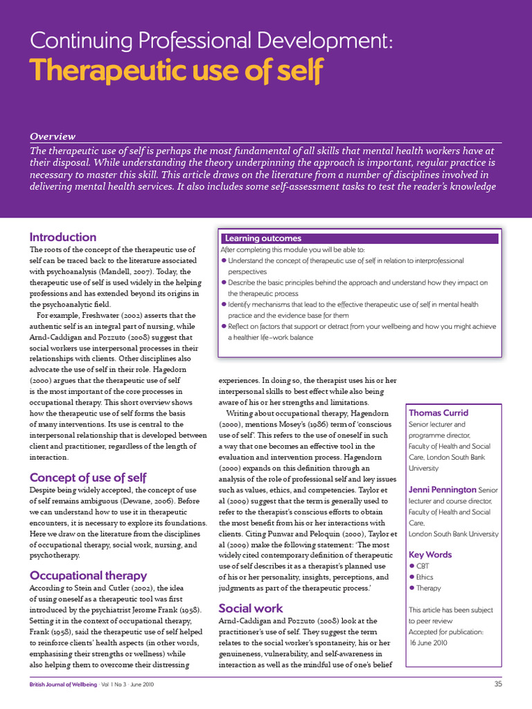 Therapeutic Use of Self | PDF | Psychotherapy | Well Being
